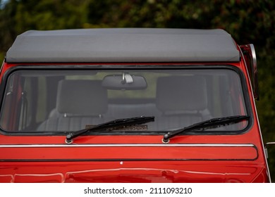 Fancy Vintage Red Car Classic Automobile 1974 French Exterior Close Up Shiny Red Paint, Smooth Curvy Lines Beautiful Car