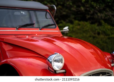 Fancy Vintage Red Car Classic Automobile 1974 French Exterior Close Up Shiny Red Paint, Smooth Curvy Lines Beautiful Car