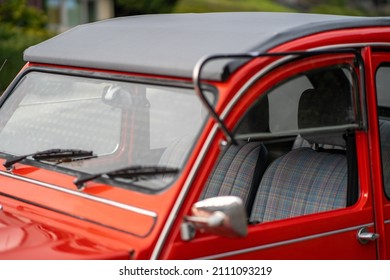 Fancy Vintage Red Car Classic Automobile 1974 French Exterior Close Up Shiny Red Paint, Smooth Curvy Lines Beautiful Car