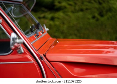 Fancy Vintage Red Car Classic Automobile 1974 French Exterior Close Up Shiny Red Paint, Smooth Curvy Lines Beautiful Car