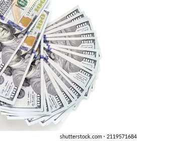 Fanned Arrangement Of American 100 Dollar Bills. Several 100 US Money Notes Spread Out In Fan Shape