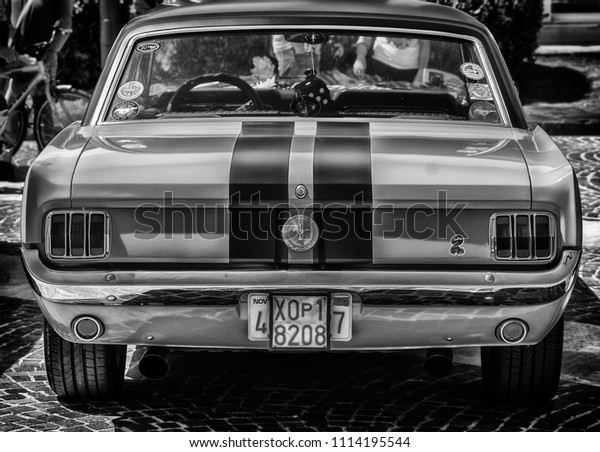 Fano  lido\
, ITALY - june 10 - 2018 :  vintage mustang  old   car in \
historical \
exposure in fano lido summer\
2018