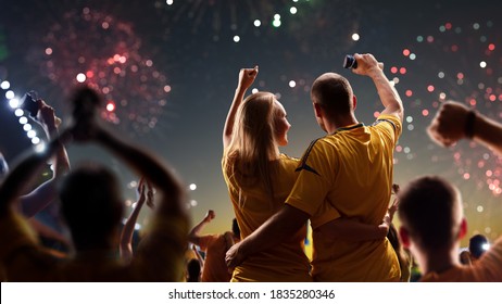 Fans celebrate in Stadium Arena night fireworks High quality photo - Shutterstock ID 1835280346