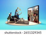 Fans cheer as a virtual stadium experience comes to life through a large digital screen at home. Concept of emotional connection in online community, digital broadcasting. 3D island composition