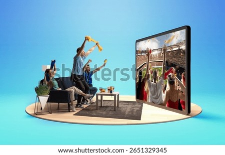 Fans cheer as a virtual stadium experience comes to life through a large digital screen at home. Concept of emotional connection in online community, digital broadcasting. 3D island composition