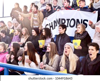 Fans cheering in stadium holding champion banner and singing on tribunes. People are waiting for start of sports competitions. People holding banner with Champion banner happily eating popcorn. - Powered by Shutterstock