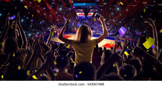 Fans On Basketball Court In Game Confetti And Tinsel