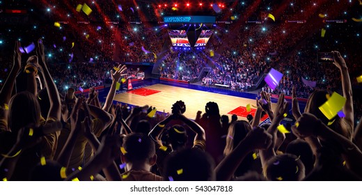 Fans on basketball court in game Confetti and tinsel