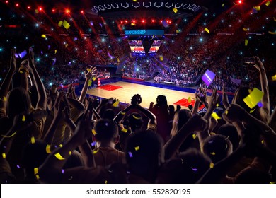 Fans On Basketball Court In Game Confetti And Tinsel