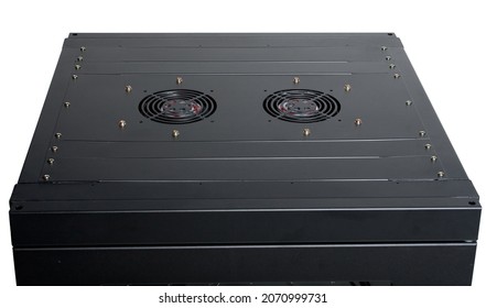 Fans On Black Or Dark Grey Server Cabinet Or Data Cabinet Or Server Rack With Screws. Fan Holes. Cooling Units. White Background. Top View. Closeup.