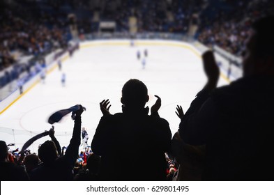 Fans support team in ice hockey stadium - happy people applause after winning goal..