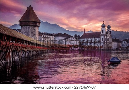 Fantactic colrful picture on Old Town medieval architecture in Lucerne, Vivid nature scenery of lake Lucerne during sunset. Switzerland. Beautiful historic city center, popular travel destination. 