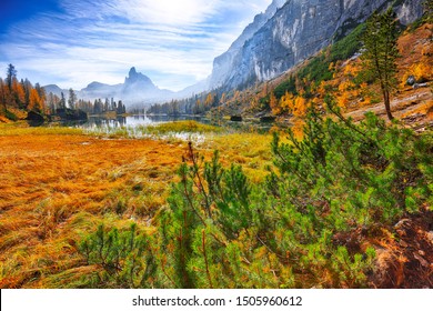 Fantastic autumn landscape. View on Federa Lake early in the morning at autumn. Location: Federa lake with Dolomites peak, Cortina DAmpezzo, South Tyrol, Dolomites, Italy, Europe - Shutterstock ID 1505960612