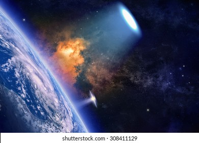 Fantastic background - ufo with bright spotlight explores planet Earth in space, aliens invasion. Elements of this image furnished by NASA nasa.gov