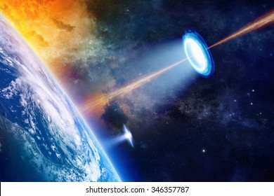 Fantastic Background - UFO Shines Spotlight On Planet Earth, Secret Experiment, Climate Change, Climatic Weapon, Star Wars. Elements Of This Image Furnished By NASA Nasa.gov