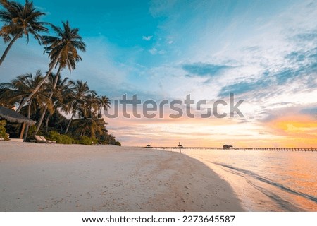 Fantastic closeup view of calm sea water waves with orange sunrise sunset sunlight. Tropical island beach landscape, exotic shore coast. Summer vacation, holiday amazing nature scenic. Relax paradise
