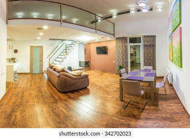 Fantastic Contemporary Living Room Home Interior. Dining Room. Huge Bright Apartment With Modern Furniture.