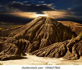 Fantastic Desert Mountain Landscape With The Night Sky