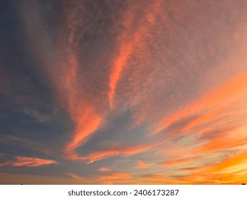 Fantastic dramatic sunset sky view for background. Dusk beam light cover cloudy. Dawn sky. Vanilla sky view.