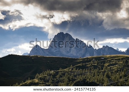 Fantastic dramatic view on Dolomites Alps with dramatic sky. Italy. Wonderful nature landscape.