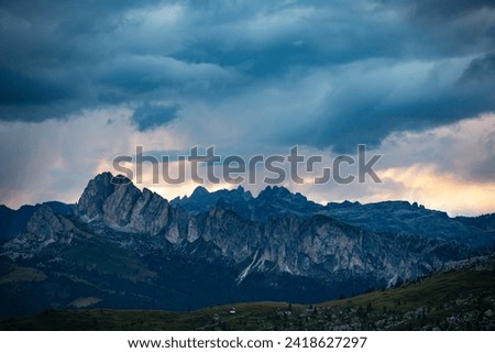 Fantastic dramatic view on Dolomites Alps with dramatic sky. Italy. Wonderful nature landscape.