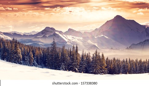 Fantastic evening winter landscape. Dramatic overcast sky. Creative collage. Beauty world. - Powered by Shutterstock