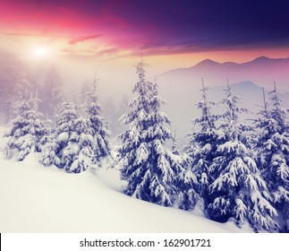 Fantastic evening winter landscape. Dramatic overcast sky. Creative collage. Beauty world. - Shutterstock ID 162901721