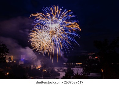 Fantastic fireworks at the Rhine Falls during the Swiss National Day celebrations on August 1 in Neuhausen am Rheinfall, Schaffhausen canton, Switzerland