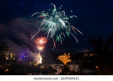 Fantastic fireworks at the Rhine Falls during the Swiss National Day celebrations on August 1 in Neuhausen am Rheinfall, Schaffhausen canton, Switzerland