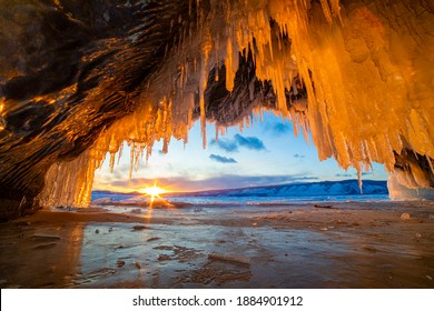 Fantastic Ice Formations In The Grotto Of Lake Baikal In Winter