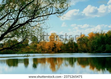Fantastic landscape panorama of lakes, forests. The river flows fast. meadows and fields.Tall trees.Natural landscape.Russia.the city of Ufa. The concept of the beauty of nature in parks.