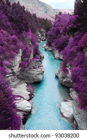Fantastic landscape purple pine forest mountain and blue stream, beauty nature scenery view background.