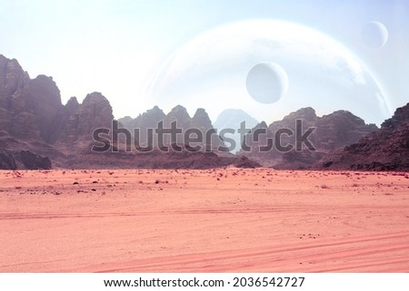 Fantastic landscape with sand desert, rock and planets in sky. 3d render. Elements of this image furnished by NASA
