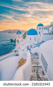 Fantastic Mediterranean Santorini island, Greece. Amazing romantic sunrise in Oia background, morning light. Amazing sunset view with white houses blue domes. Panoramic travel landscape. Lovers island - Shutterstock ID 2185321943