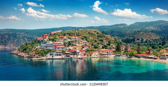 Fantastic morning cityscape of Asos village on the west coast of the island of Cephalonia, Greece, Europe. Wonderful spring sescape of Ionian Sea. Traveling concept background.