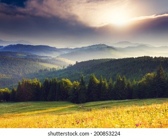 Fantastic morning mountain landscape. Overcast colorful sky. Carpathian, Ukraine, Europe. Beauty world. - Shutterstock ID 200853224