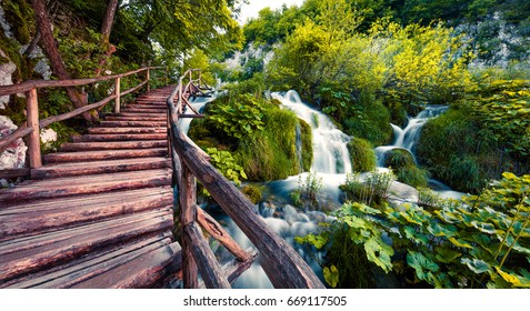 Fantastic morning view of Plitvice National Park. Colorful spring scene of green forest with pure water waterfall. Beautiful countryside landscape of Croatia, Europe. Traveling concept background. - Powered by Shutterstock