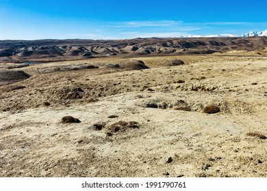 Fantastic mountain natural landscape in  Kyzyl-Chin with sand hills as lunar scenery in place named Luna, Altai Republic, Russia. Nature environment landmark.