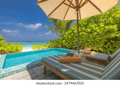 Fantastic private villa, terrace view with sun beds chairs under umbrella, luxury pool hotel stunning summer pattern. Beautiful spa or wellness, recreational vacation resort tourism. Tranquil sea sky - Powered by Shutterstock