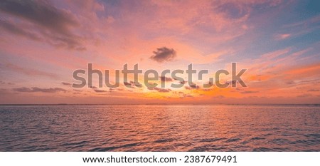 Fantastic sea sky sunset. Dramatic colorful clouds over seascape horizon. Inspirational nature majestic beach background. Skyline cloudscape amazing sunrise colors. Calm peaceful waves, tranquility
