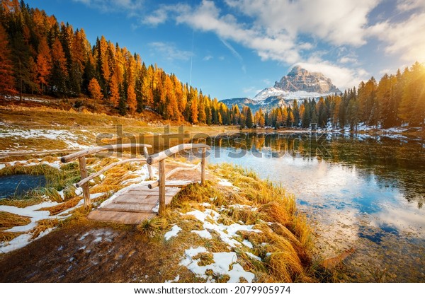 Fantastic sunny day on the lake Antorno in National Park Tre Cime di Lavaredo. Location Dolomiti alps, Province of Belluno, Italy, Europe. Perfect photo wallpapers. Discover the beauty of earth.