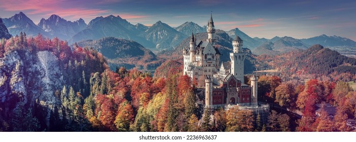 Fantastic sunshine over the majestic Neuschwanstein castle during sunset. near Munich in Bavaria, Germany. Popular Photography Locations. Ideas for Great Travels. Beautiful of the world for travel. - Powered by Shutterstock