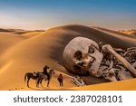 Fantastic surreal scene with huge human skeleton among dunes in desert and people on horses looking on it. Dramatic sunset sky, scary enormous finding