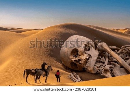 Fantastic surreal scene with huge human skeleton among dunes in desert and people on horses looking on it. Dramatic sunset sky, scary enormous finding