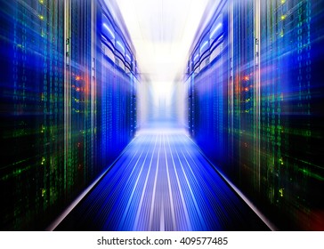 fantastic symmetric data center room with a binary code penetrating supercomputers