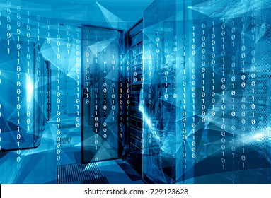 fantastic symmetric data center room with a binary code penetrating supercomputers