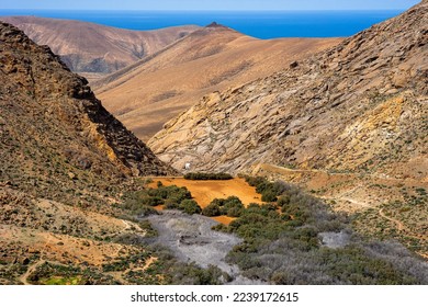Fantastic view of the Barranco de las Peñitas Gorge, a gorge in Fuerteventura from the observation deck Mirador del Risco de Las Peñas