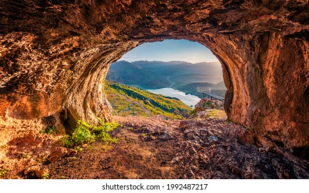 Fantastic view from the cave of Bovilla Lake, near Tirana city located. Superb spring landscape. Unbelievable outdor scene of Albania, Europe. Beauty of nature concept background.