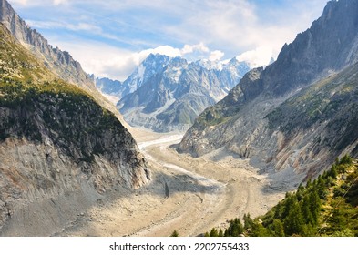 Fantastic View Of The Mer De Glace Glacier At Le Montenvers In Chamonix. Climate Change. Melting Glacier. Hiking In Alps. High Quality Photo