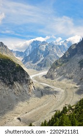 Fantastic View Of The Mer De Glace Glacier At Le Montenvers In Chamonix. Climate Change. Melting Glacier. Hiking In Alps. High Quality Photo